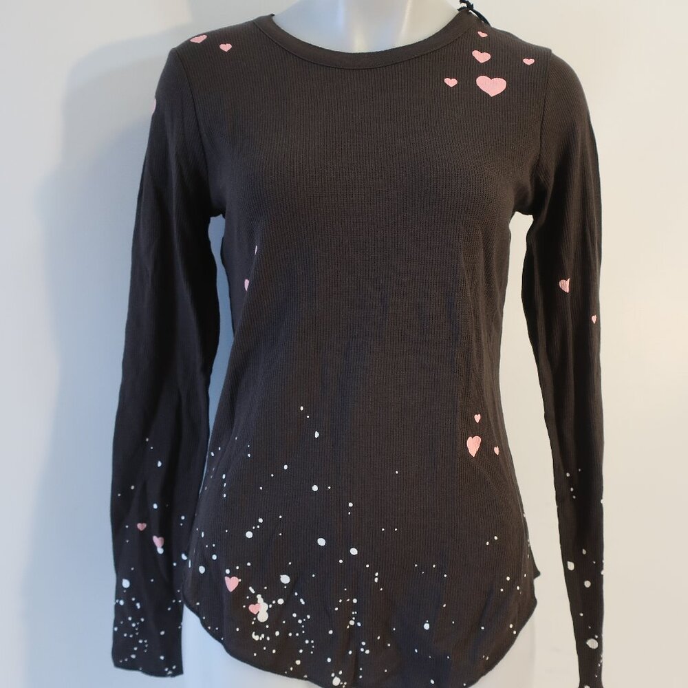 NWT Womens Chaser Vintage Black Pink White Heart Dot Graphic Waffle Top S